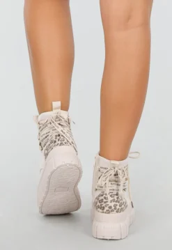 Beige Leopard Suede Bikerbooks met Sierveters en Rits