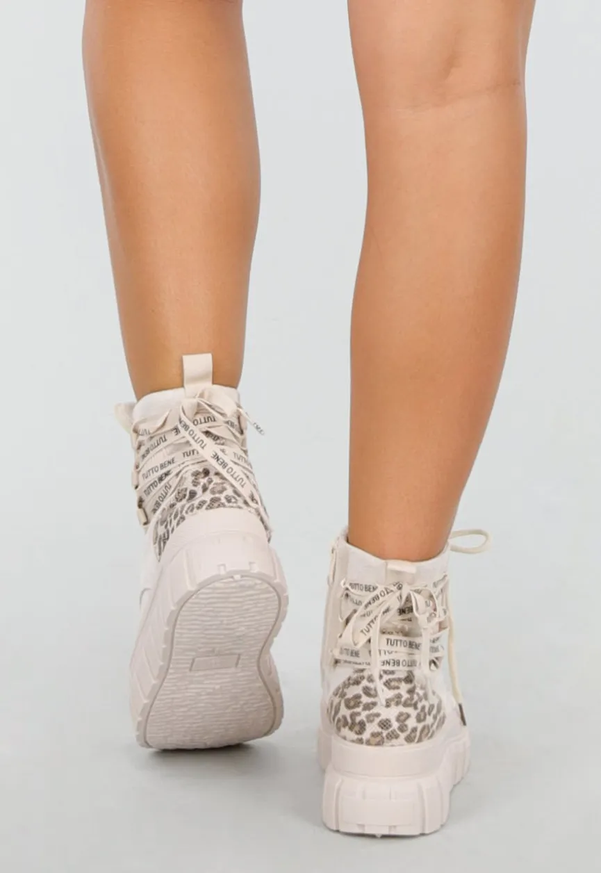 Beige Leopard Suede Bikerbooks met Sierveters en Rits
