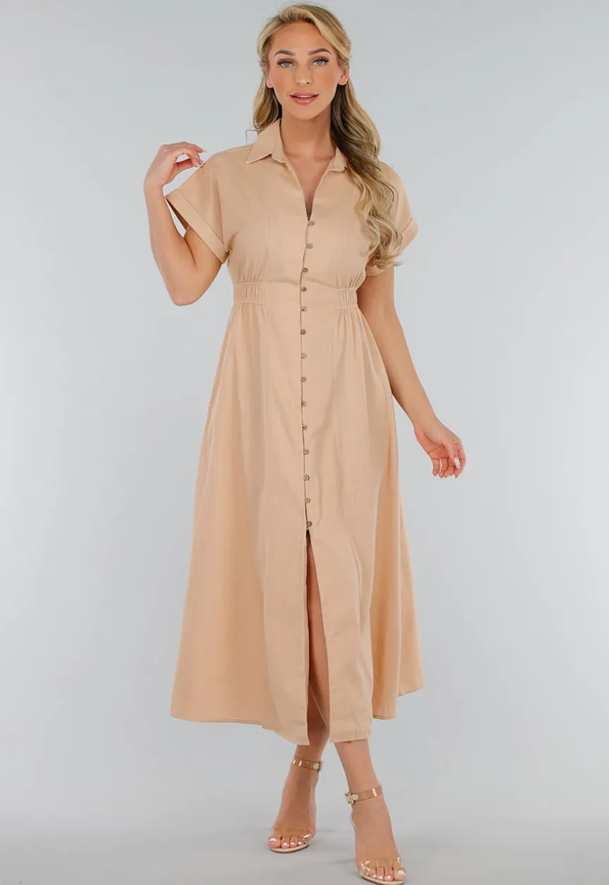 Beige Linnenlook Midi Jurk met Kraag en Knopen