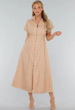 Beige Linnenlook Midi Jurk met Kraag en Knopen