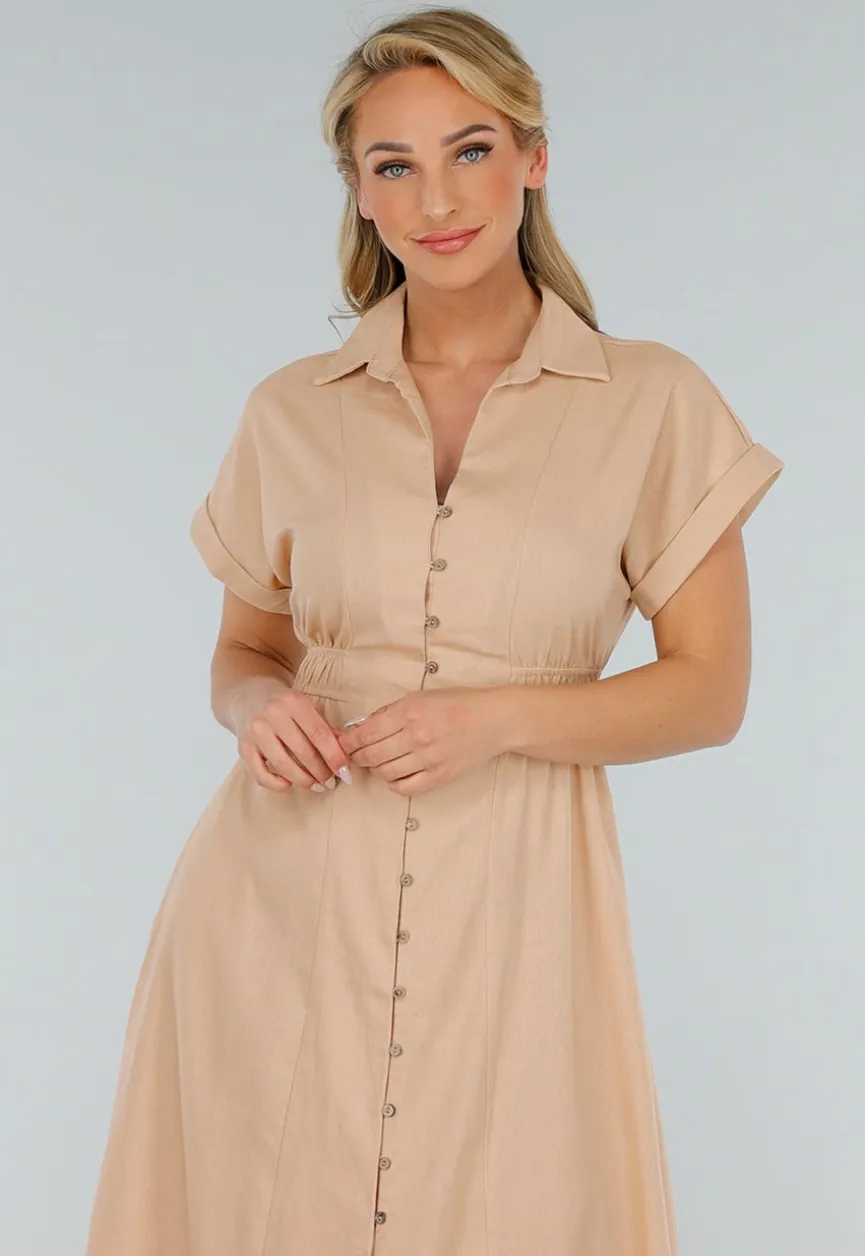 Beige Linnenlook Midi Jurk met Kraag en Knopen