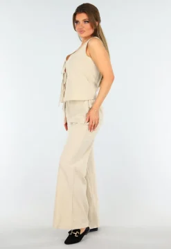 Beige Linnenlook Set met Gilet-Top en Wijde Broek met Striksluiting