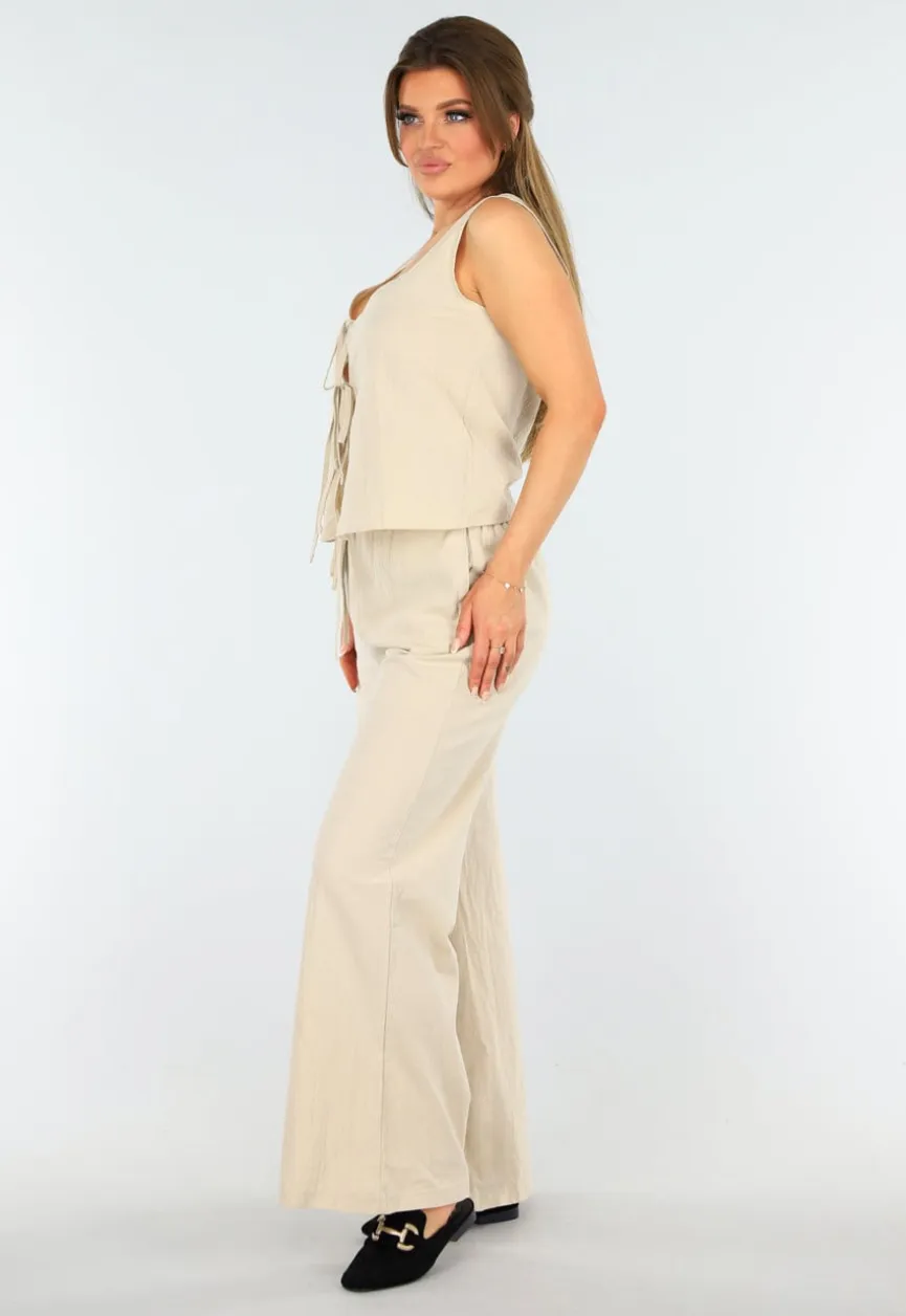 Beige Linnenlook Set met Gilet-Top en Wijde Broek met Striksluiting