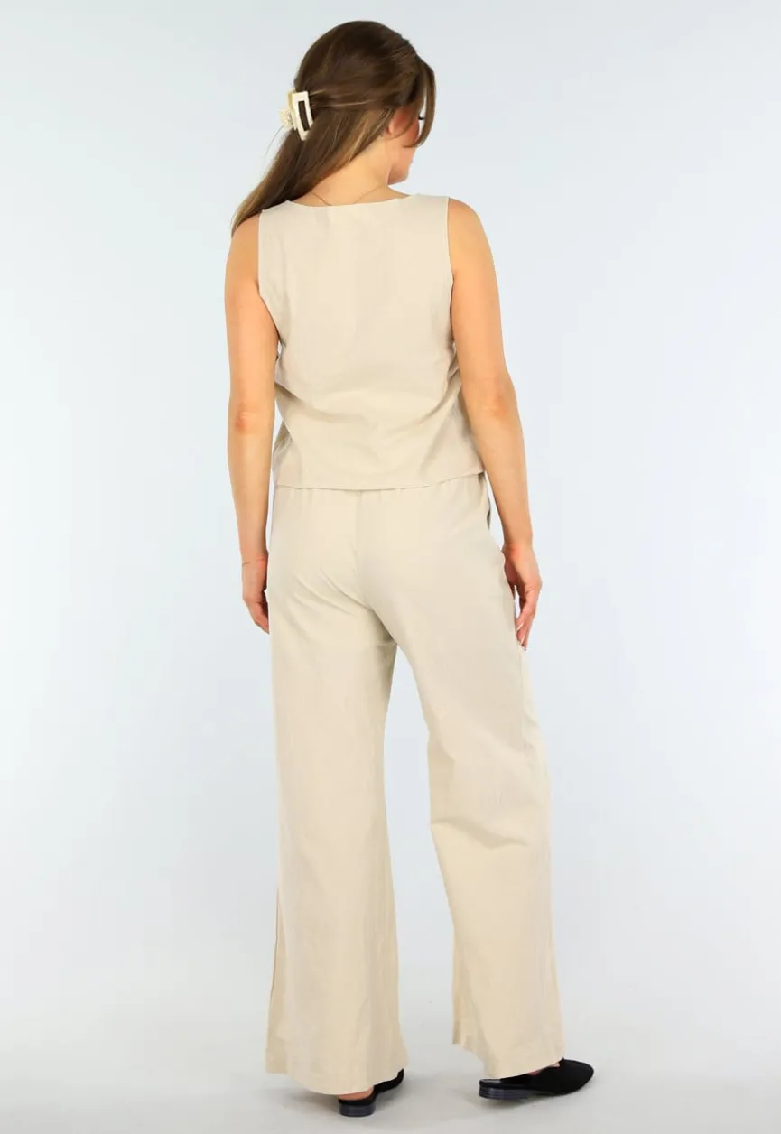 Beige Linnenlook Set met Gilet-Top en Wijde Broek met Striksluiting