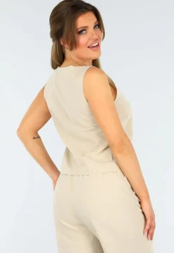 Beige Linnenlook Set met Gilet-Top en Wijde Broek met Striksluiting