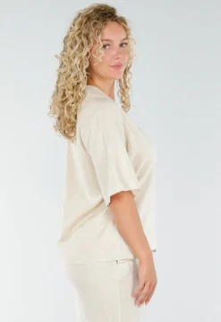 Beige Linnenlook Set met Rechte Broek en Blazer Top