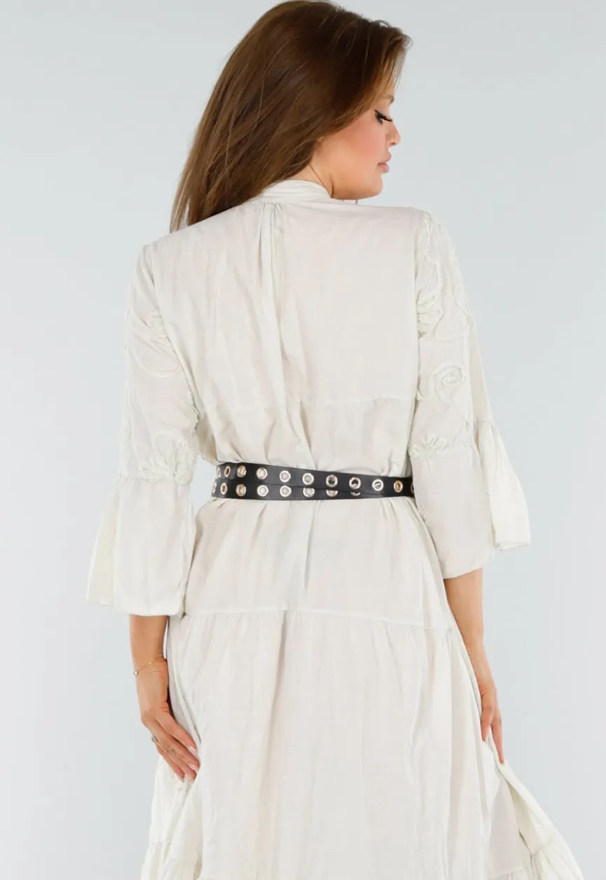 Beige Maxi-Jurk met Borduursels en Trompetmouwen in Linnenlook