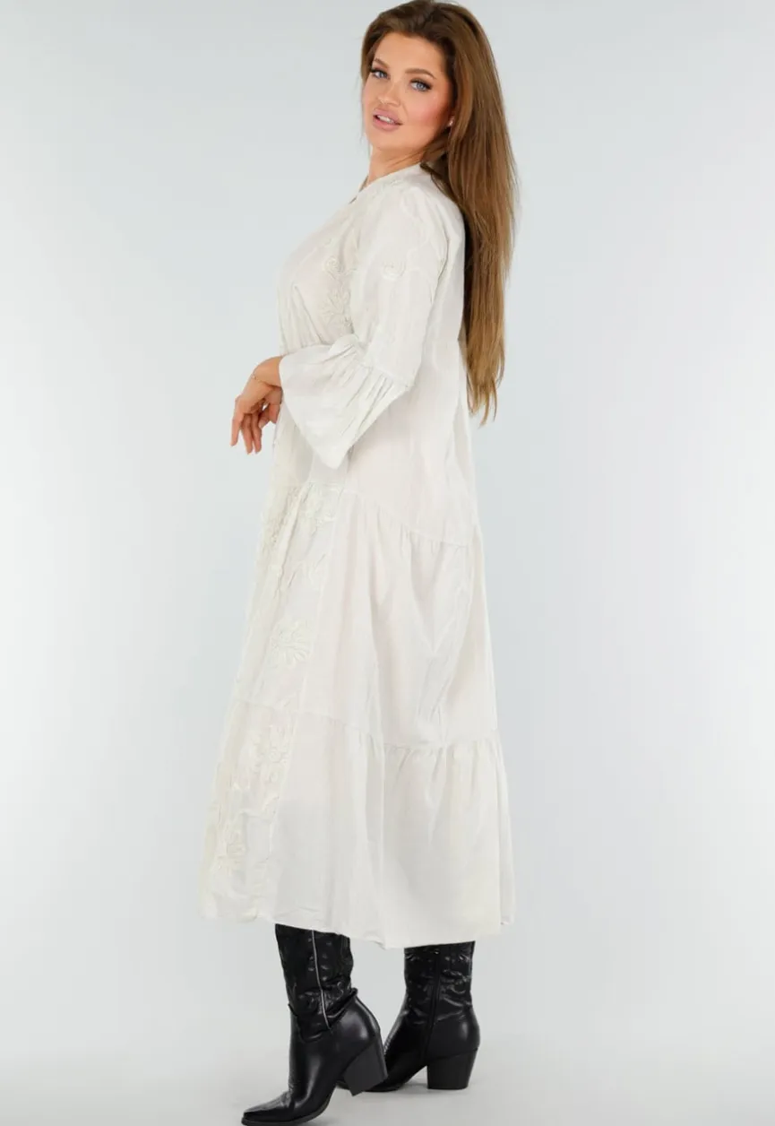 Beige Maxi-Jurk met Borduursels en Trompetmouwen in Linnenlook