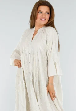 Beige Maxi-Jurk met Borduursels en Trompetmouwen in Linnenlook