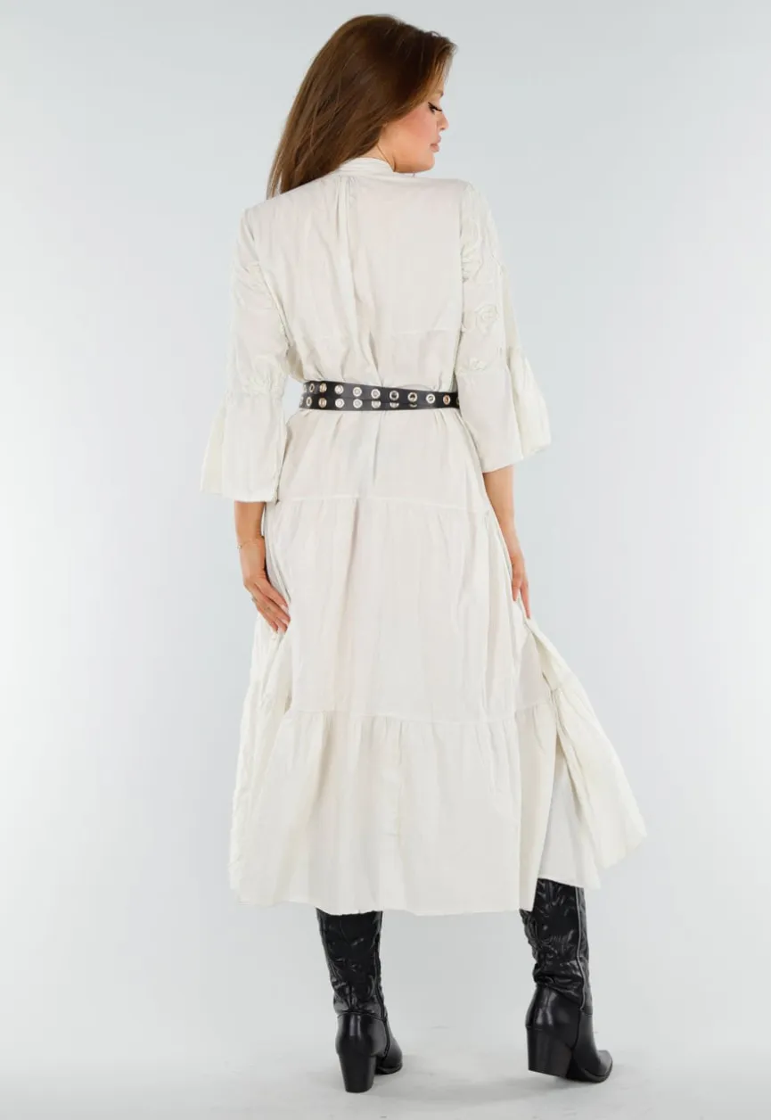 Beige Maxi-Jurk met Borduursels en Trompetmouwen in Linnenlook