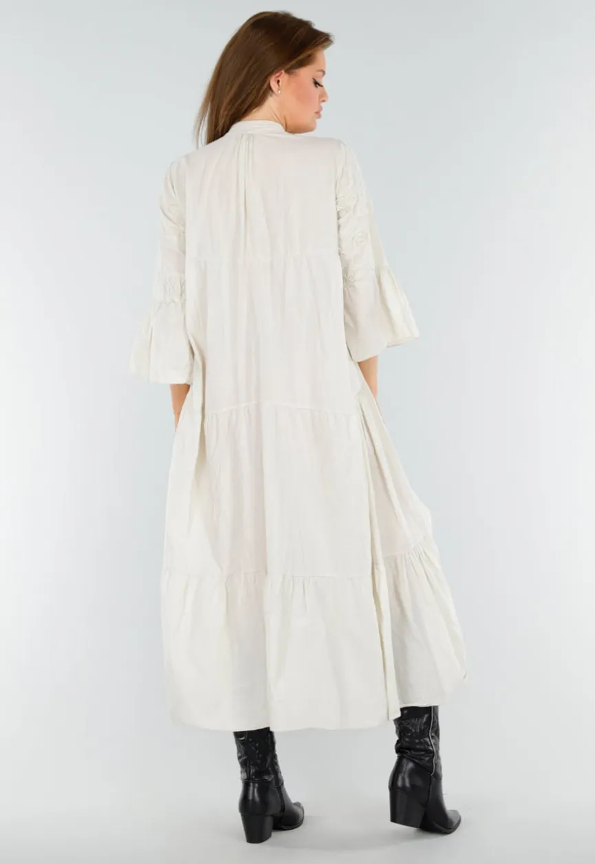 Beige Maxi-Jurk met Borduursels en Trompetmouwen in Linnenlook