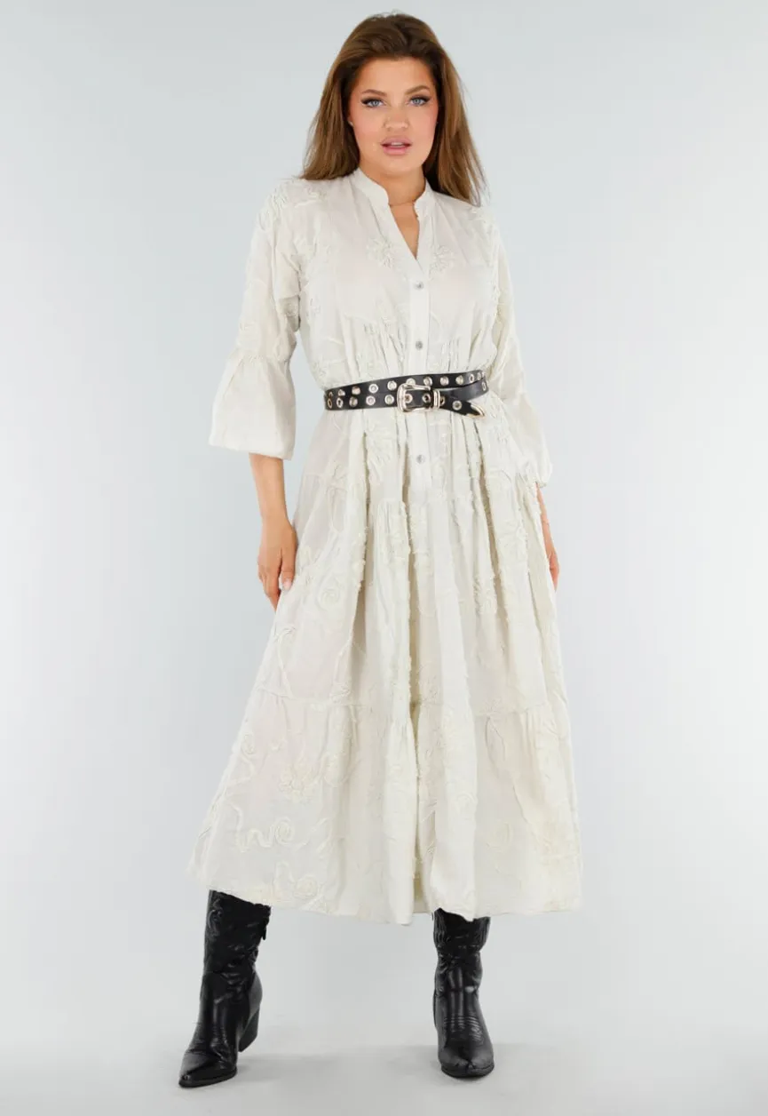 Beige Maxi-Jurk met Borduursels en Trompetmouwen in Linnenlook