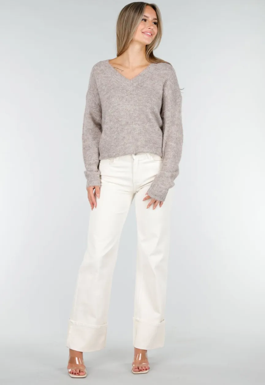 Beige Melange Trui met V-Hals en Zachte Pluizige Structuur