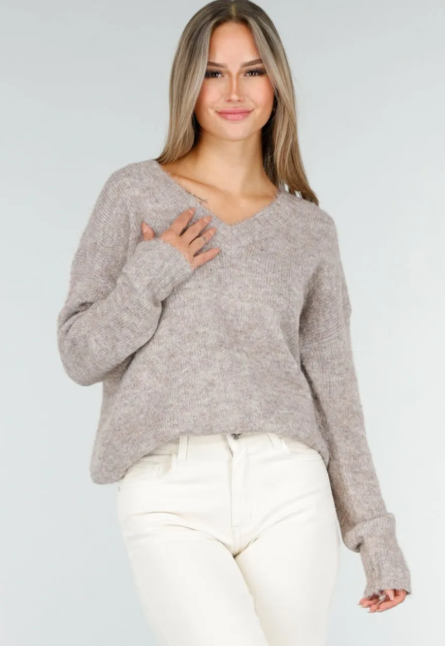 Beige Melange Trui met V-Hals en Zachte Pluizige Structuur