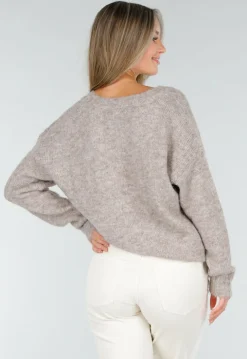 Beige Melange Trui met V-Hals en Zachte Pluizige Structuur
