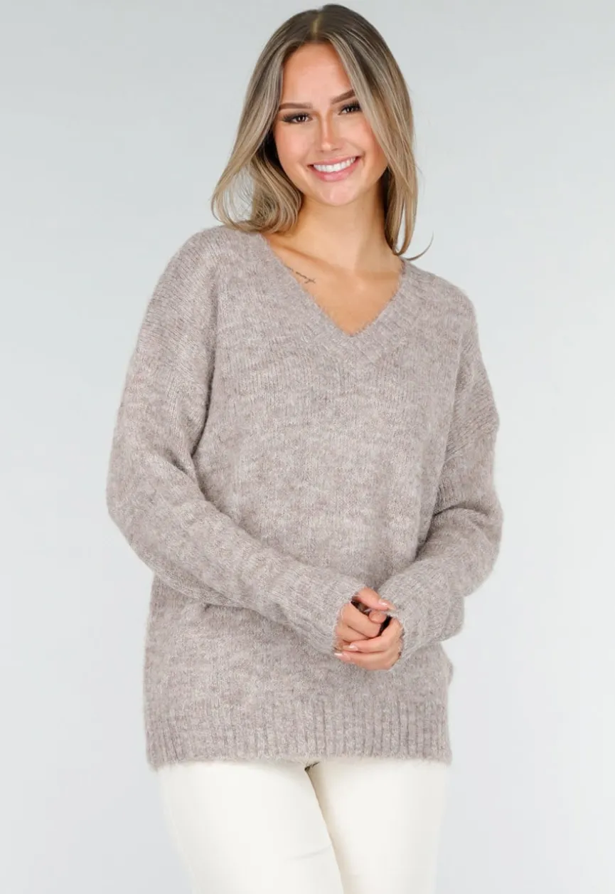 Beige Melange Trui met V-Hals en Zachte Pluizige Structuur