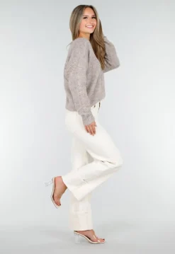 Beige Melange Trui met V-Hals en Zachte Pluizige Structuur