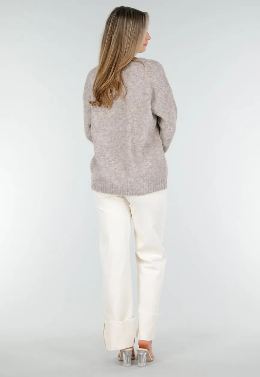 Beige Melange Trui met V-Hals en Zachte Pluizige Structuur