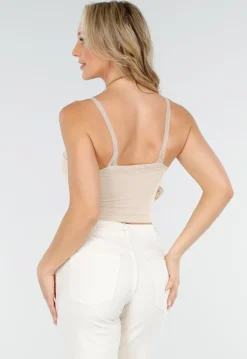 Beige Mesh Crop Top met Kant, V-Hals en Pads