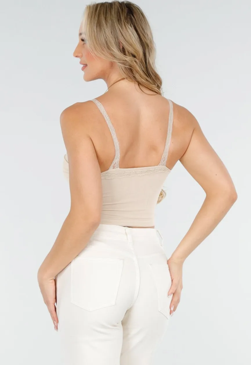 Beige Mesh Crop Top met Kant, V-Hals en Pads