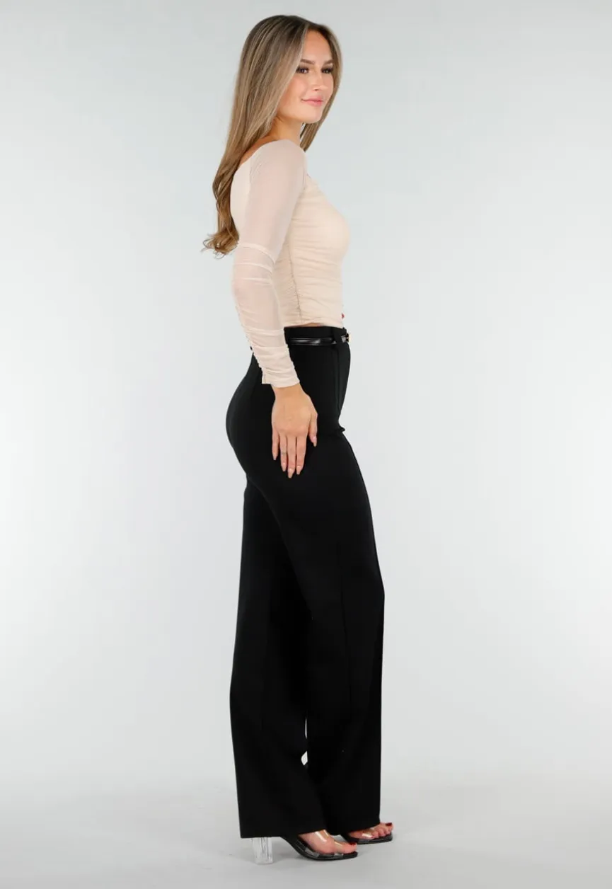 Beige Mesh Off Shoulder Top met Stretch en Lange Mouwen