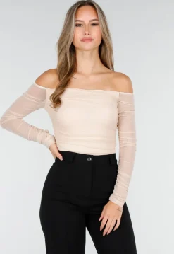 Beige Mesh Off Shoulder Top met Stretch en Lange Mouwen