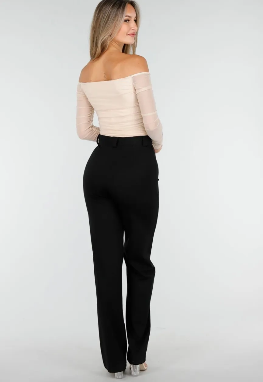 Beige Mesh Off Shoulder Top met Stretch en Lange Mouwen