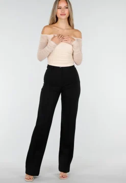 Beige Mesh Off Shoulder Top met Stretch en Lange Mouwen