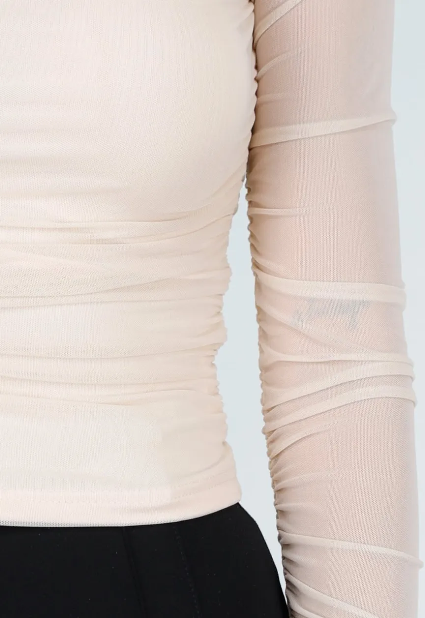 Beige Mesh Off Shoulder Top met Stretch en Lange Mouwen