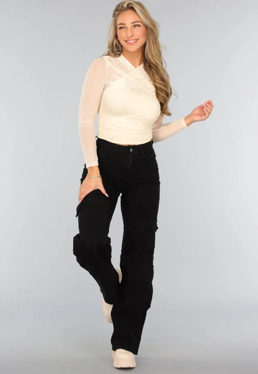 Beige Mesh Overslag Top met Voering