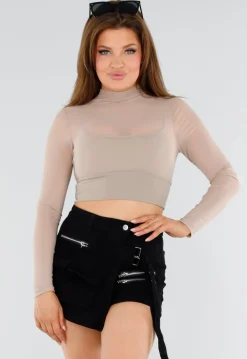 Beige Mesh Sporttop met Ingewerkte BH en Lange Mouwen
