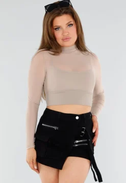 Beige Mesh Sporttop met Ingewerkte BH en Lange Mouwen