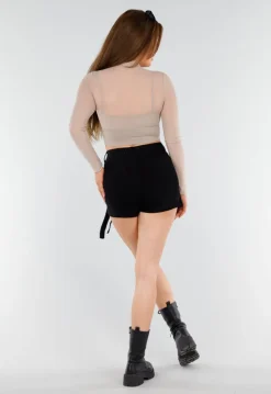 Beige Mesh Sporttop met Ingewerkte BH en Lange Mouwen