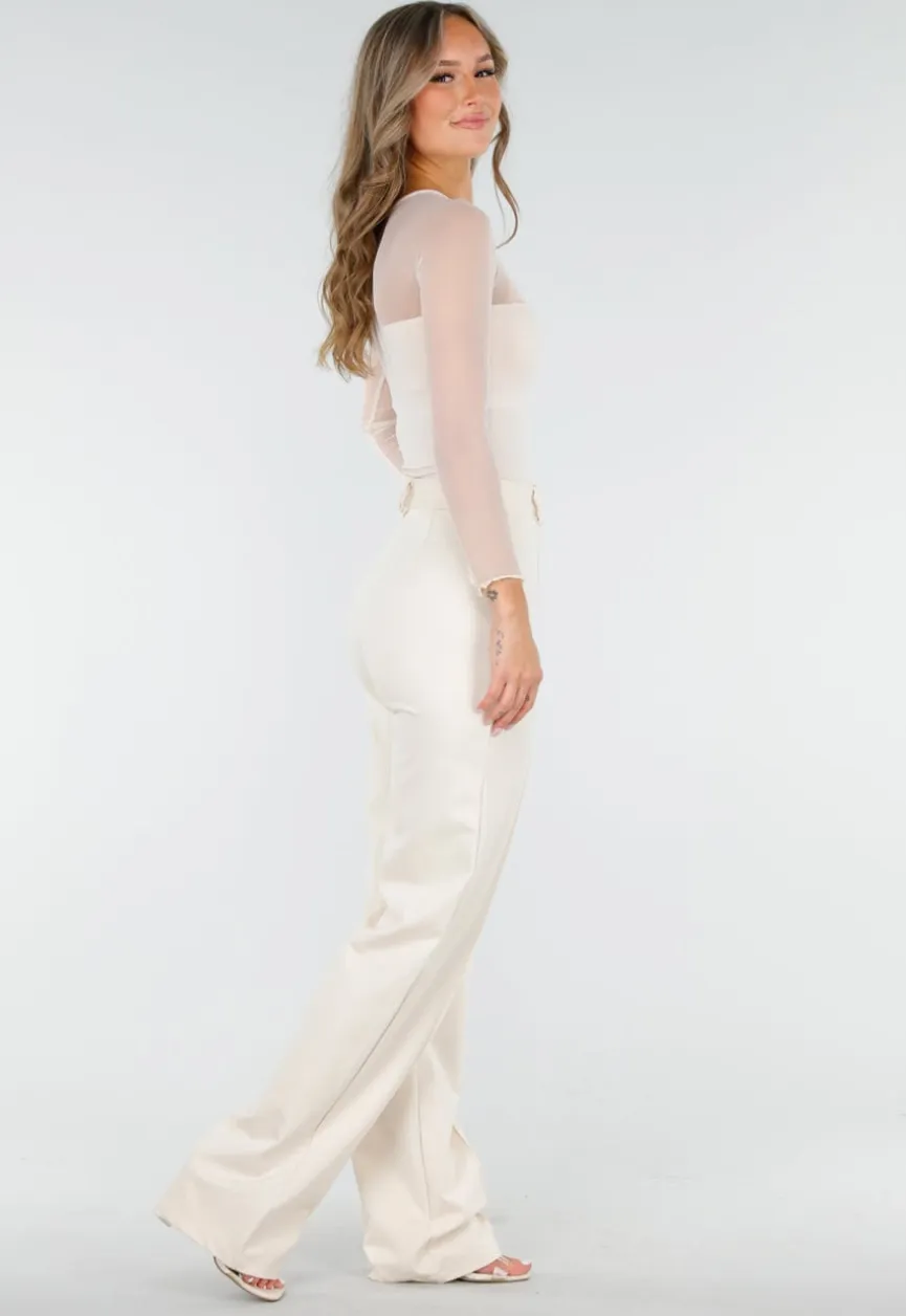 Beige Mesh Top met Lange Mouwen en Pads