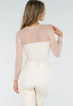 Beige Mesh Top met Lange Mouwen en Pads
