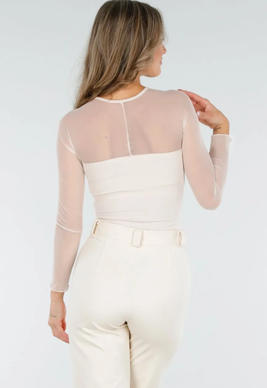 Beige Mesh Top met Lange Mouwen en Pads