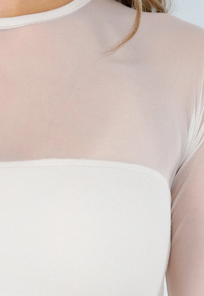 Beige Mesh Top met Lange Mouwen en Pads
