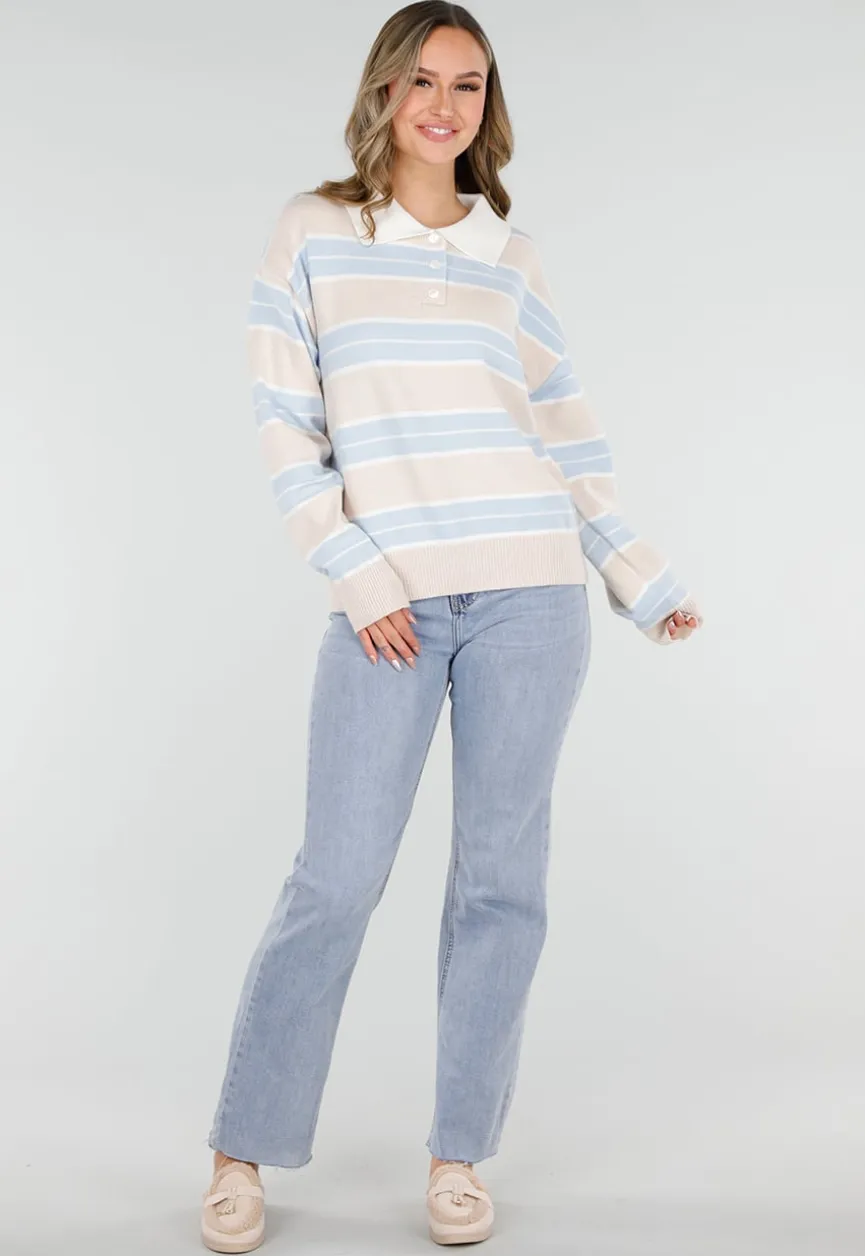 Beige met Blauw Gestreepte Polo Trui