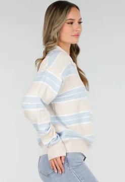Beige met Blauw Gestreepte Polo Trui