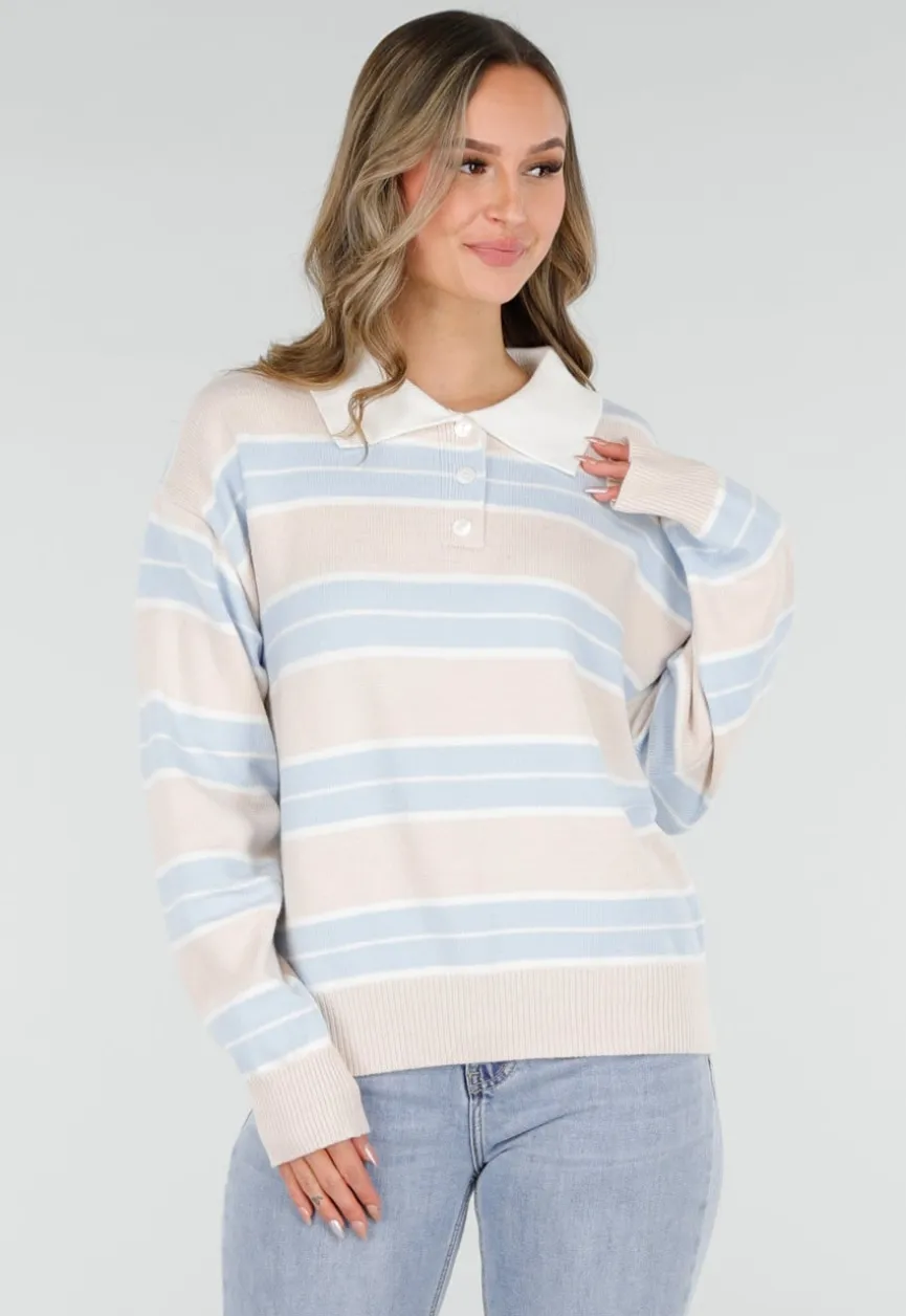 Beige met Blauw Gestreepte Polo Trui
