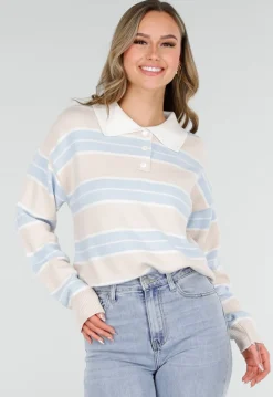 Beige met Blauw Gestreepte Polo Trui
