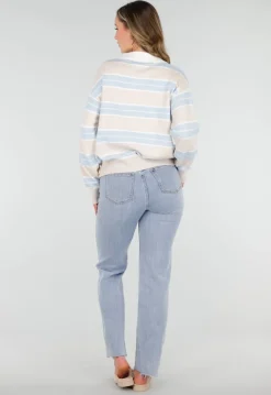 Beige met Blauw Gestreepte Polo Trui
