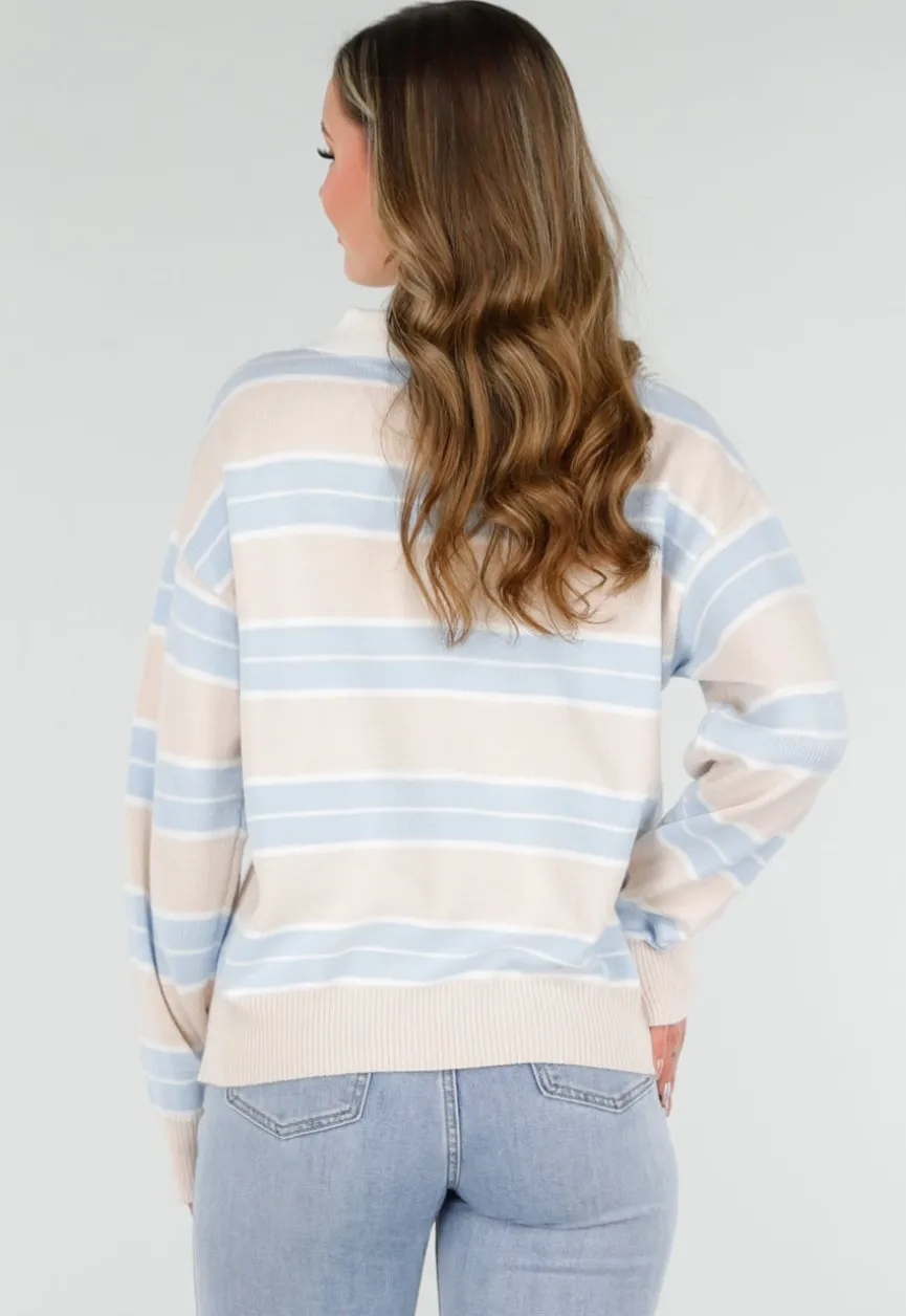 Beige met Blauw Gestreepte Polo Trui