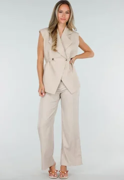 Beige Mouwloze Gilet met Reverskraag en Strikceintuur