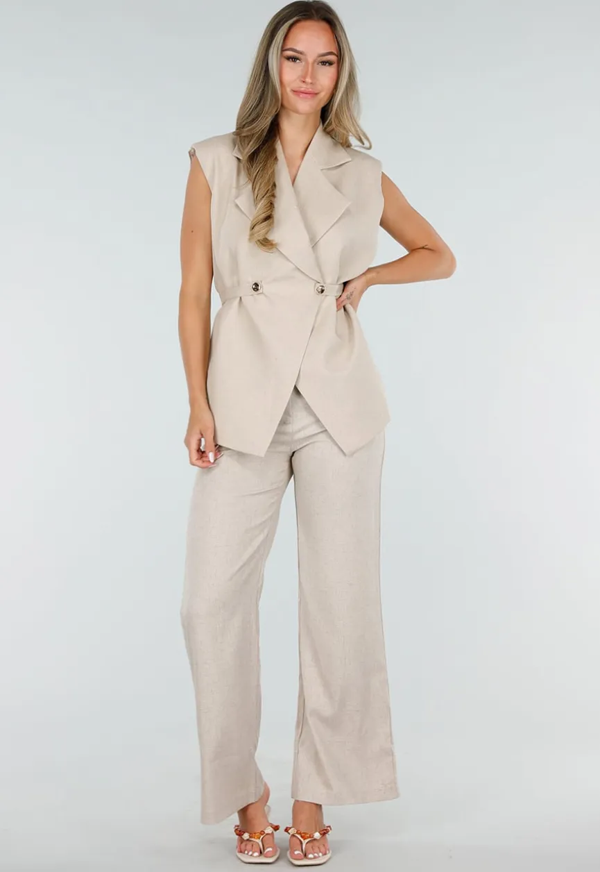 Beige Mouwloze Gilet met Reverskraag en Strikceintuur
