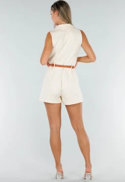 Beige Mouwloze Playsuit met V-Hals, Kraag en Bruine Riem