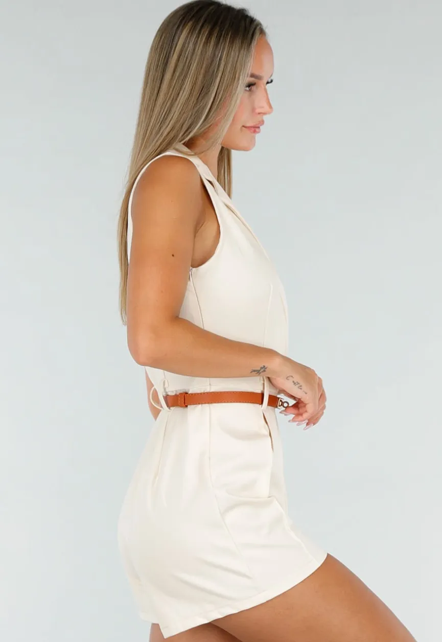Beige Mouwloze Playsuit met V-Hals, Kraag en Bruine Riem