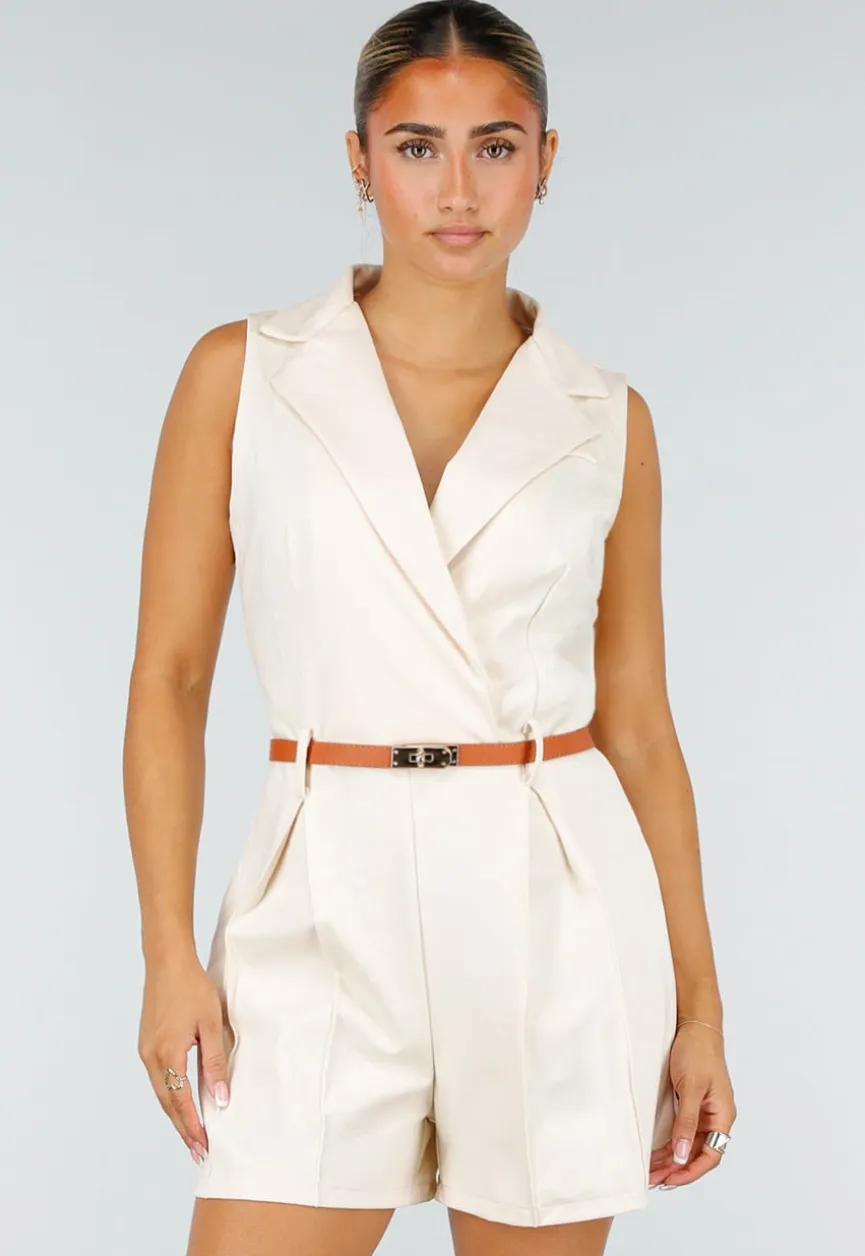 Beige Mouwloze Playsuit met V-Hals, Kraag en Bruine Riem