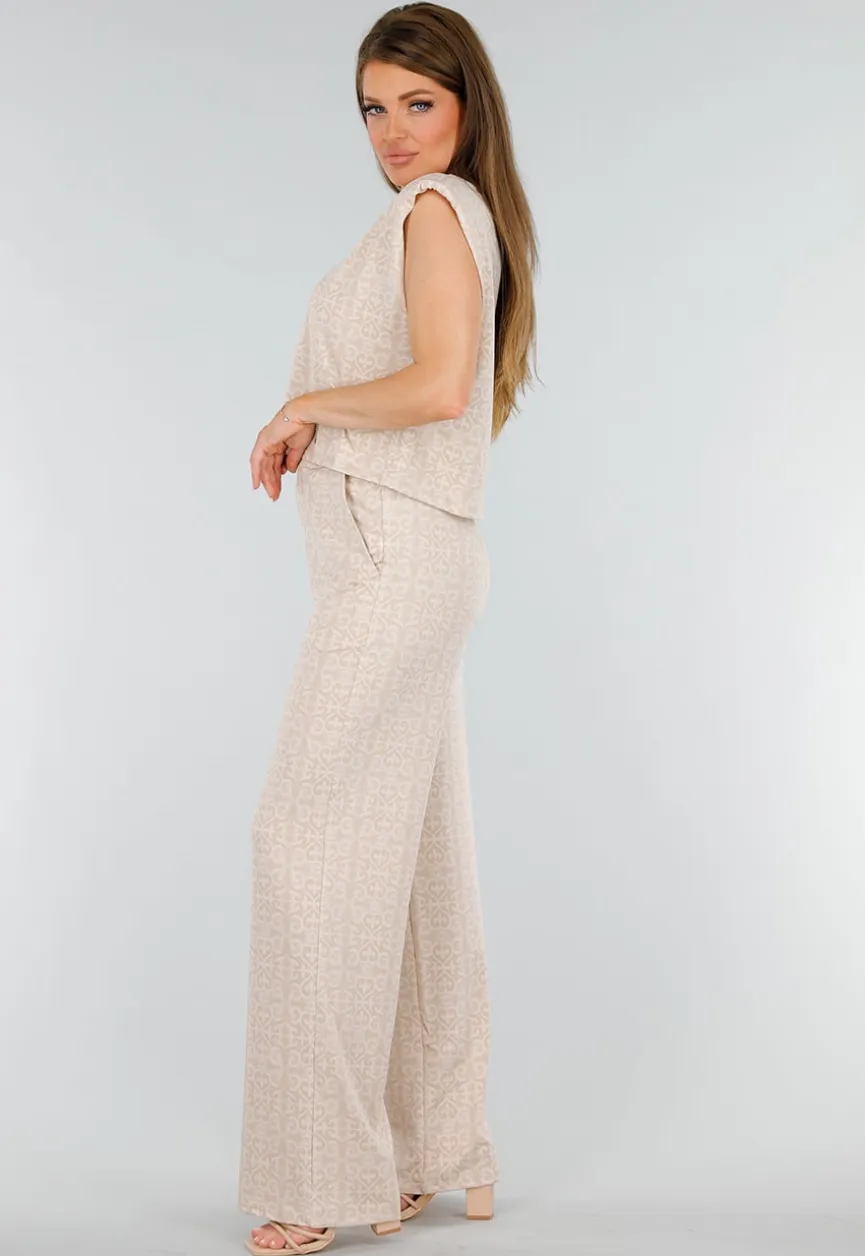 Beige Mouwloze Stretch Top met Schoudervulling en Ronde Hals