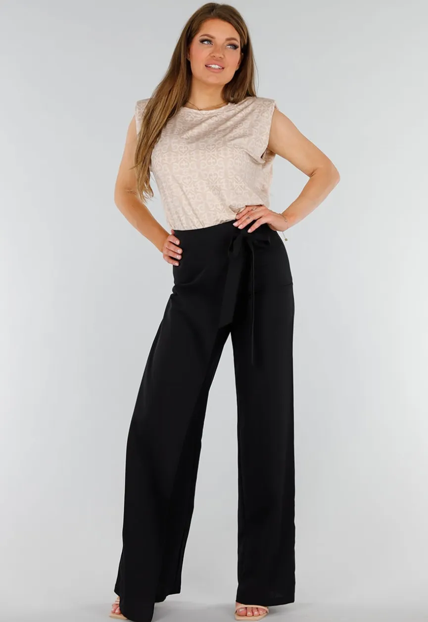 Beige Mouwloze Stretch Top met Schoudervulling en Ronde Hals